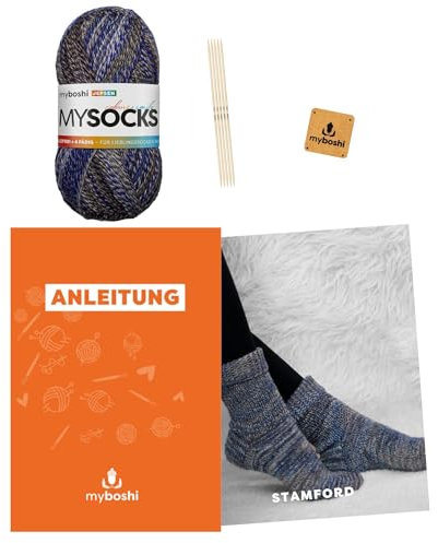 myboshi Strickset Socken Stamford, inkl. mysocks, 4-fädige Sockenwolle, Nadelspiel, Anleitung Label, 75% Schurwolle, 25% Polyamid Jepsen, mit Nadelspiel