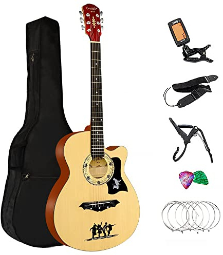 Crystals Acoustic Guitar Full Package Pack with Accessories - 4/4 Size 38 Classic 6 Strings (Wood)