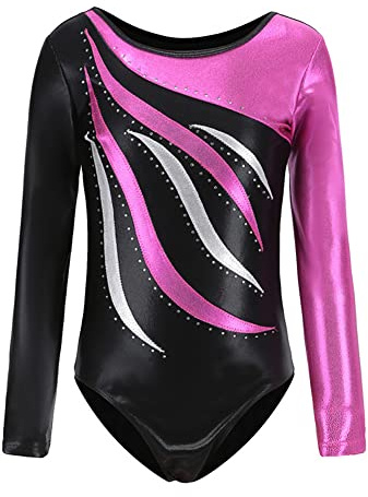 M?dchen Metallic Turnanzug Langarm Gymnastik Tanzbody Gl?nzende Leotard mit Strass Trikot Turnkleidung Tanzkost?m Gymnastikanzug Trikot Kinder Gymnastikbody Gym Kleidung Trikotanzug Rose 10-11 Jahre