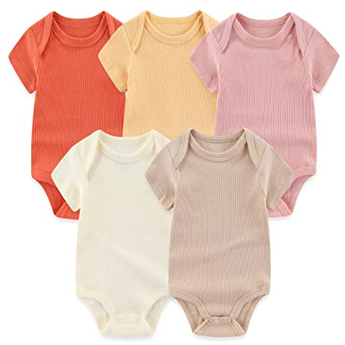 MAMIMAKA Baby Girls Short Sleeve Bodysuit Baby Grow Cotton Vest 5-pack,0-3 Months