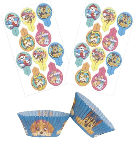 Paw Patrol Set 20x Essbare Einstecker Pins + 25x Muffinschalen Tortendeko Kindergeburtstag Deko Muffin Cupcakeförmchen