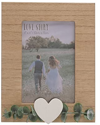 Love Story Wooden Photo Frame - Eucalyptus and Love Heart 6x4'' Portrait Frame - Rustic Decor for the Home