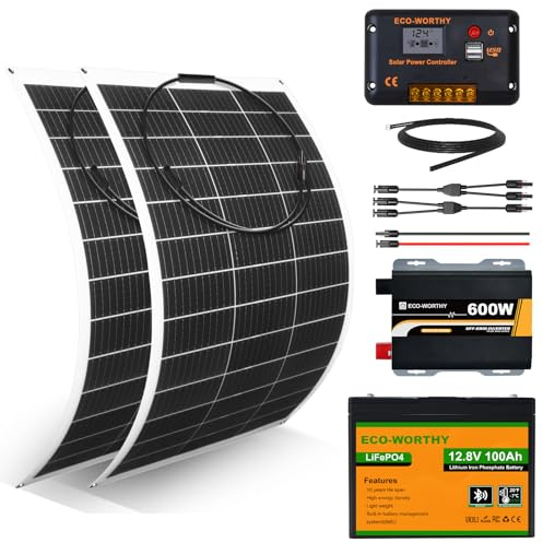 ECO-WORTHY 260W 12V Flexibles Solarpanel Komplettes Kit: 2 * 130W Flexibles Solarmodul + 100Ah Litthiumbatterie + 600W 12V Sinuswechselrichter + 30A PWM Laderegler für Camper, Wohnmobil, Van