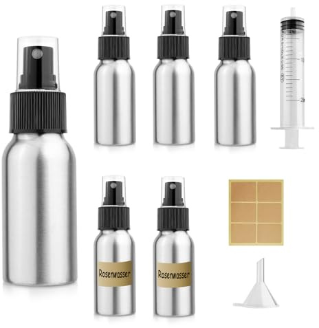 Furuising 5PCS Aluminum Spray Bottles, 30ML Fine Mist Spray Bottle, Refillable Small Spray Bottle, Empty Travel Atomiser Containers with 20ml Syringe Funnel for Travel Toner Face Spray Cleaning