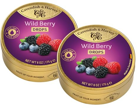 Cavendish & Harvey Wild Berry Drops 175g Dose im 2er Pack | Himbeere, Heidelbeere, Brombeere | Mit echtem natürlichen Fruchtsaft | Vegan, Halal, Koscher | 2 x 175g