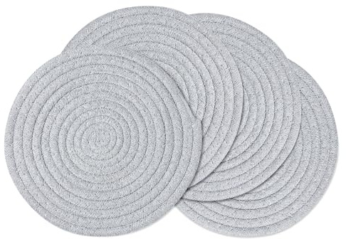 fanquare Round Placemats Set of 4, Light Grey Cotton Braided Placemats | Washable Heat Resistant Table Mats Dinner Kitchen 30cm
