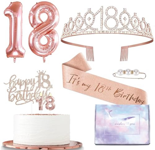 Rose Gold 18th Birthday Decorations for Girls Women Her,Birthday Sash and Tiara Rose Gold 18th Rhinestone Crown,Cake Topper Candle Topper 18th Foil Balloons Gifts for for Her Happy 18th Party Favor
