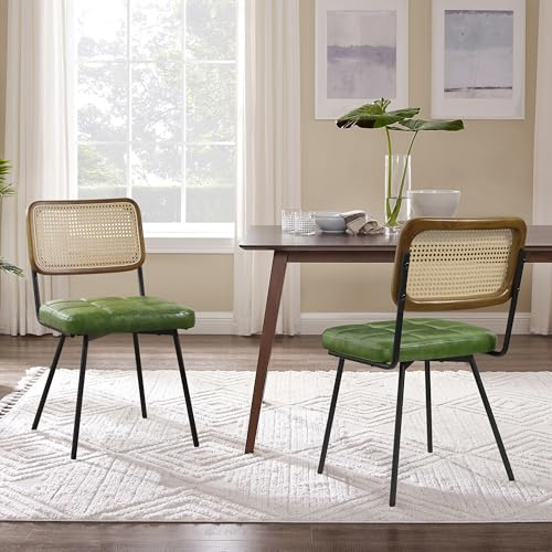 Zouron Rattanstuhl Grün Kunstleder Esszimmerstühle 2er Set Mid-Century Küchenstühle mit Rattan-Rückenlehne Gepolsterter Sitz für Zuhause, Küche, Wohnzimmer, Retro Avocado-Grün