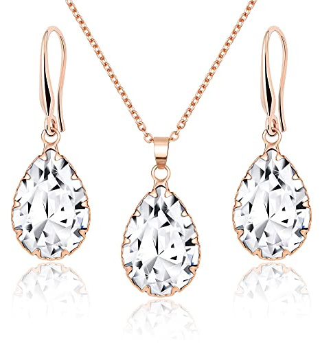 Linawe Crystal Jewellery Sets for Women, Imitation Diamond Pendant Necklace, Rhinestone Drop Dangle Earrings, Birthstone Cubic Zirconia Matching Wedding Jewellery, 14K Gold/Rose Gold/Silver Tones