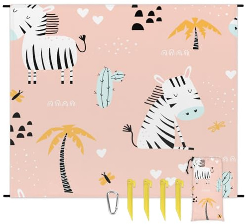 Mularoka Zebra Cactus Beach Blanket Waterproof Sandproof 68x59 Large Beach Mat Lightweight Outdoor Picnic Blanket with 4 Stakes & 4 Corner Pockets for Travel Camping Hiking
