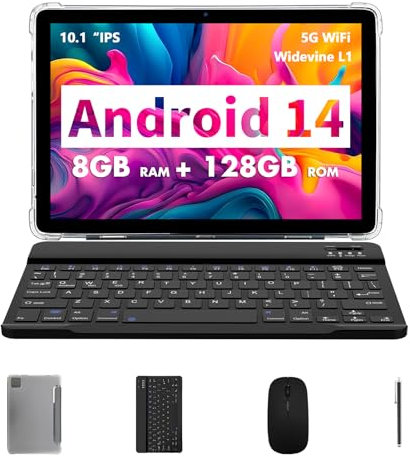 VASOUN 10 inch Tablet Android 14,Octa Core 2.0 GHz,8GB RAM+128GB ROM (TF 1TB),5G WiFi, 8000mAh, 8MP + 2MP Dual Camera,Tablet with Keyboard Mouse Case-GREY
