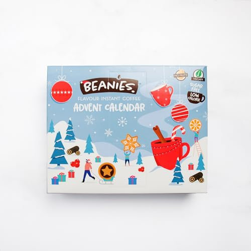 Beanies Advent Calendar- Mystery Instant Coffee Jars x2, Assorted Flavoured Instant Coffee Sachets x 46, Gift for Christmas, Christmas Countdown Gift Set, Secret Santa, Festive Gifts