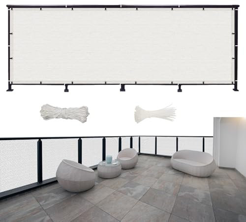 Balkon Sichtschutz Ohne Bohren 350 x 90 cm Multi Farbe Und Größe, Sichtschutzplane Balkon Witterungsbeständig, mit Kabelbinder Und Kordel, für Terrasse, Hinterhof, Weiß