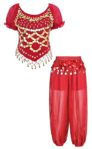 Nyeemya Traje de Danza del Vientre Mujer Top de Manga Abullonada Pantalones de Ancho Pierna Conjunto de Princesa India con Lentejuelas Borla Disfraz Bailarina Rojo Talla única