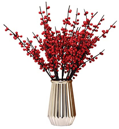 ABBNIA Künstliche Blumen zur Dekoration, künstliche Blumen, künstliche Pflanzen, Dekor, künstliche Stechpalmenbeeren, Winter, künstliche Beeren für Festivals, Feiertage, Rot, Artificia