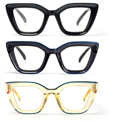 kollyseek 3 Pack Occhiali da lettura Donna Oversize Cat Eye con cerniera a molla Anti Azzurro(1.0, Nero blu giallo)