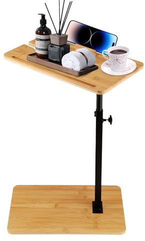 QCXWCJWD C-Shaped Side End Table, Side Table Bamboo with Rotatable Phone Holder, Adjustable Height C Shaped End Table with Wine glass holder, Snack Coffee Tray Bed Side Table for Sofa Bed Bathtub