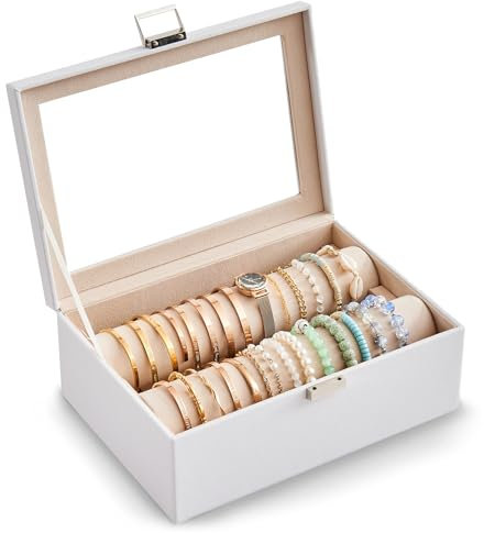 Lolalet Bracelet Organizer Box, Jewelry Display Holder with Rolls for Bangles Watches, Clear Lid Jewelry Storage Case for Women -White