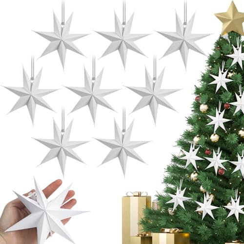 Fullhawl 8 Pcs Christmas Paper Star Ornaments 5.9 7 Pointed, White