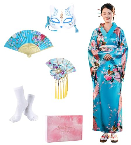 CRFASIBE 5 Stycken Kvinnor Lång Kimono Robe Set Japansk Traditionell Kimonklänning Påfågel Kimono Geisha Klänning Yukata Fotografi Cosplay Set, Blå, one size