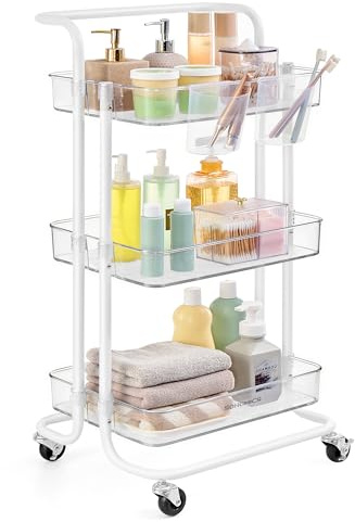 SONGMICS Carro Rodante, Caritro de Almacenamiento de 3 Niveles, con Mango, 2 Organizadores Pequeños, Marco de Acero, Cestas de Plástico, para Dormitorio, Lavadero Baño, Blanco y Transparente BSC067W03