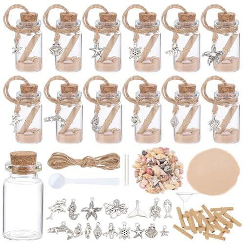 WEBEEDY 12 set di bottiglie di auguri in vetro da fare da soli con bottiglie a messaggio in vetro e tappo in sughero. con ciondoli animali marini carta da desiderio conchiglia, 3 x 4 cm