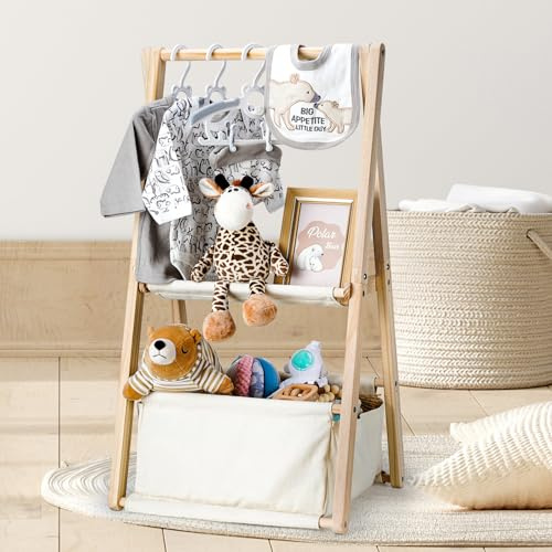 GiftAmaz Holz Babykorb für Babyparty, Zweistöckiger geschenkkorb baby, Baby Aufbewahrungskiste aus Holz mit Kleiderbügeln, Baby Shower Deko Baby Geschenk zur Geburt für werdende Eltern