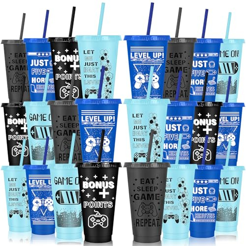 MSYU 24 Pcs Video Game Plastic Cups with Lids and Straws 710 ml Reusable Tumbler Cute Iced Coffee Travel Cups Mug Water Bottle for Gaming Birthday Supplies Adult Kid - Blue, Grey, Black