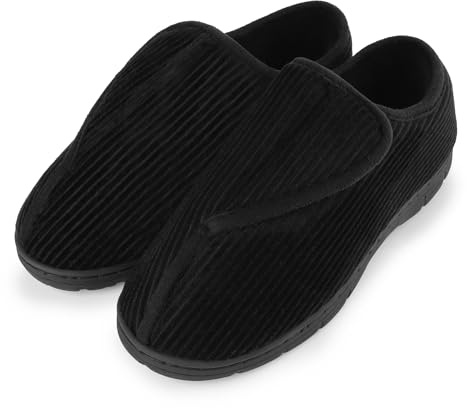 riemot Pantoufles en Mousse à Mémoire de Forme Pour Homme Chaussures Pour Pieds Larges Diabétique Pour Pieds Gonflés Chaussures Pour Hommes Antidérapantes Ajustable Black 44-45EU