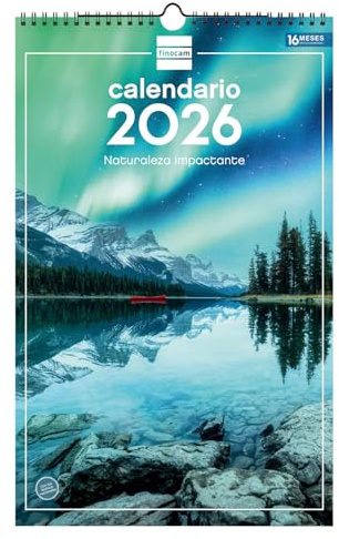 Finocam - Calendrier mural 2026 25 x 40 cm, vue mois janvier - décembre 2026 + septembre. Déc. 2025 (4 mois) réduits | Calendrier 2026 | Images Nature - Espagnol
