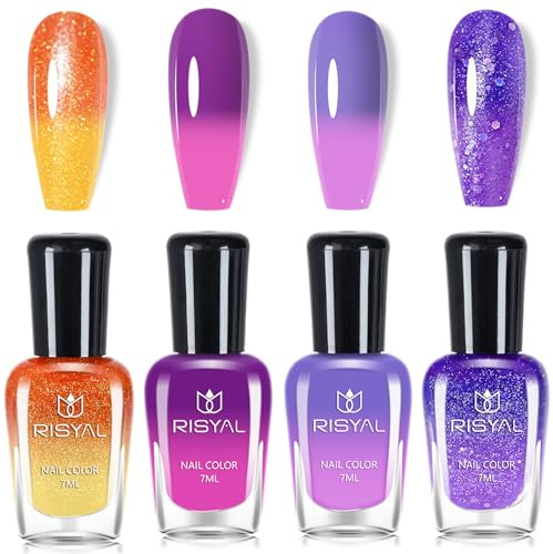 Color Changing Nail Polish - Temperature Colour Change Nail Varnish Set - Quick Drying Long-Lasting Nail Polishes - Nail Art Design at Home - No Bake Pink Purple Blue nail polish Breathable
