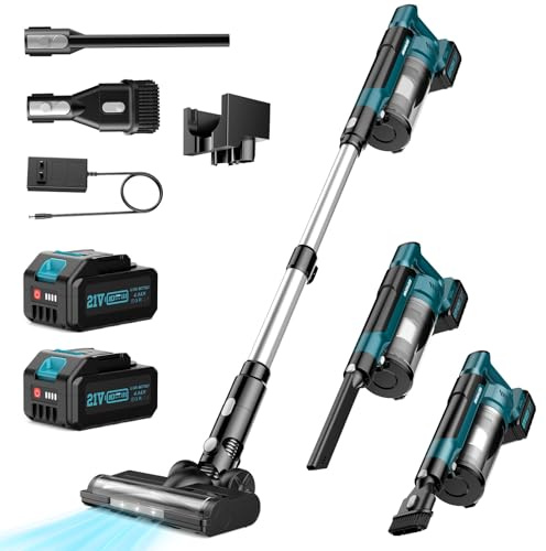 Akku Staubsauger, 60KPA/700W/70Mins Staubsauger Kabellos, 1,8L Großer Staubbecher, Anti-Tangle-Bürste, 3 Saugdüsen HEPA-Filter LED-Licht für Tierhaare Teppiche Hartböden Auto Bettspalte
