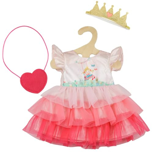 Heless 1580 - Puppenbekleidung, Kleid Prinzessin Emily, in Rosa, mit Herztasche und Krone, für Puppen und Kuscheltiere der Größe 28 - 35 cm