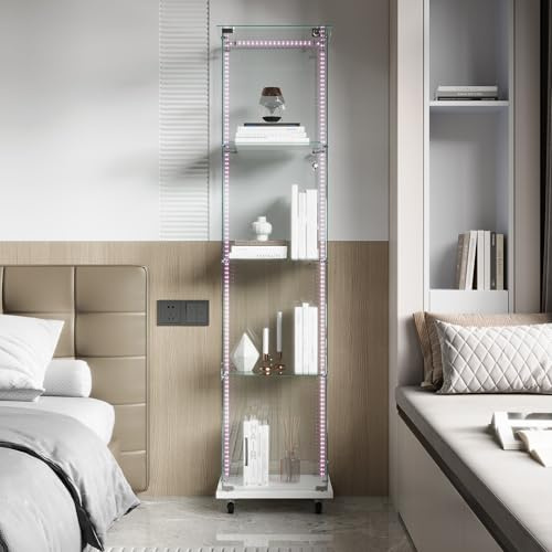 Vitrine aus Glas mit LED, Vitrine aus Glas mit 1 Türen 4 Regalen Vitrine mit Schloss Vitrine für Sammler Vitrine Wohnzimmer Modern (Weiß, Lichtstreifen + Räder)