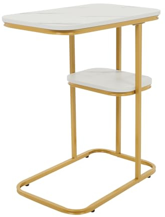 QIERF Mesa auxiliar en forma de C de 2 niveles, mesa auxiliar, cama, 50 x 30 x 58 cm, capacidad de carga de 20 kg, para salón, oficina, cafetería, portátil, aperitivos (dorado, blanco)
