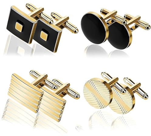 4 Pair Gold Cufflinks For Men Set, Cuff Links Mens Personalised Cufflinks For Men, Round And Square Mens Cuff Links Set Classic Elegant Black Tone Cufflink For Business Graduation Formal Occasion
