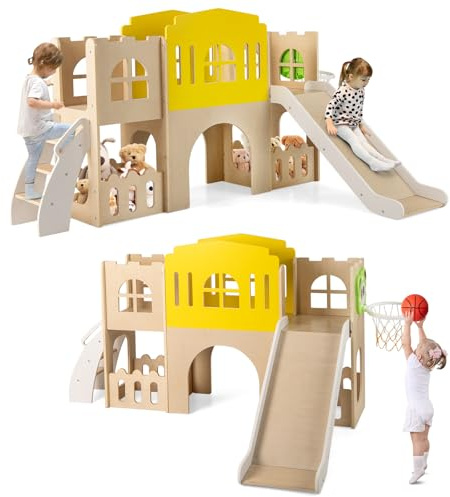 COSTWAY 7 en 1 Tobogán Infantil Interior de Madera con Escalera, Canasta de Baloncesto, Pasillo Largo, Túnel y Espacio de Almacenamiento, Centro de Actividades con Forma de Castillo de Madera