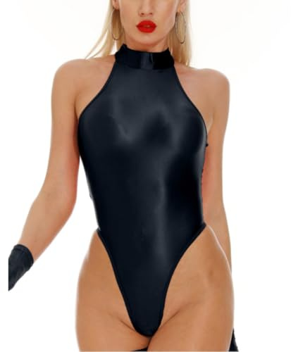 Women's Glossy Leotard, Sexy Sleeveless Turtle Neck High Cut One Piece Bodysuit, Back Zipper Solid Sparkle Dance Jumpsuit, Slim Fit Mesh See Through Leotard for Training Swimwear Yoga Gym Workout