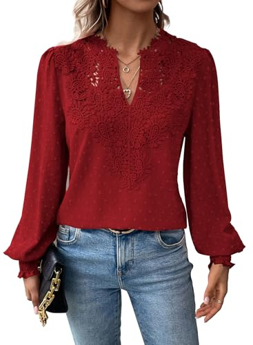 TUUHAW Taglie Forti Donna Maglietta Boho Top Autunno Manica Lunga Casual Tunica da Donna Camicetta Volant Elegante T-Shirt Scollo a V Allentate Bluse Vintage Maglie Pizzo Moda Blusa Rosso XXL