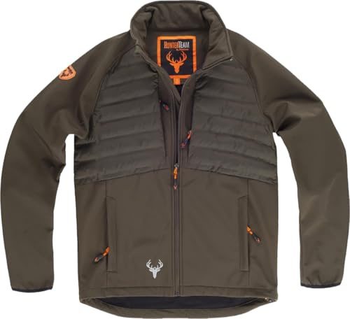 WORKTEAM Chaqueta Softshell de Caza y Outdoor, Tejido Acolchado y Manga Ranglan, Interior Polar, Cortavientos Transpirable, Cremalleras Invertidas y Cordón Ajustable en Bajo Unisex Verde Caza-S