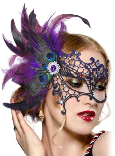 OuryTech Masque Vénitien Femme, Masque Bal Masqué, Élégant Masque Noir avec Plumes de Paon, Design années 1920 pour Carnaval