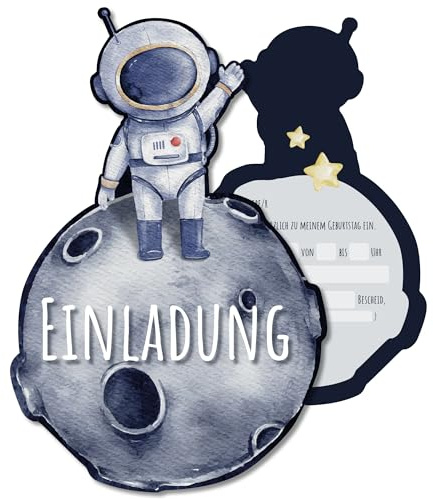 FLYERALARM Astronauten Einladungskarten Kindergeburtstag I 12 bunte Geburtstagseinladungen für Mädchen und Jungen (12cm x 18cm) Starkes mattes Papier mit fröhlichen Motiven für Kinder