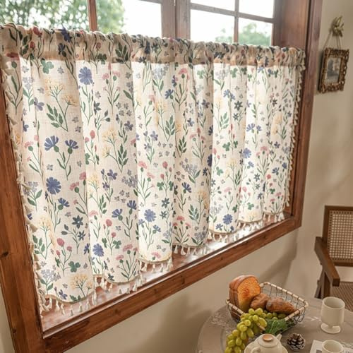 Devola Scheibengardinen Landhausstil Blumen HxB 45x90cm Blau 1 Stück | Kurzgardine Halbtransparent Bistrogardine mit Quasten Vintage Gardinen Landhaus, Kurz Vorhänge für Kleine Fenster