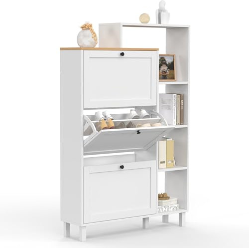 IDMarket - Meuble à Chaussures 18 Paires Achille Blanc et Plateau Bois | Avec 3 portes abattantes et étagères latérales