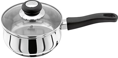 Judge Vista Stainless Steel Medium Saucepan, 16cm, 1L Shatterproof Vented Glass Lid, Induction Ready, Oven Safe