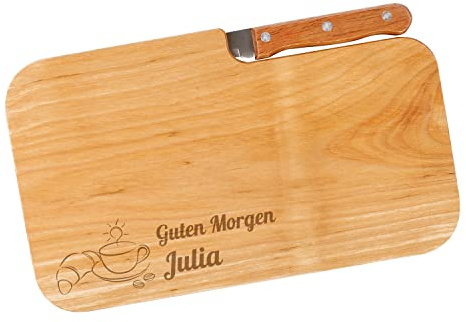 Cera & Toys® Frühstücksbrett aus Holz mit Messer und gratis Gravur des Namens - Guten Morgen