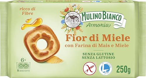Mulino Bianco Fior di Miele Biscotti Frollini al Miele Millefiori con Farina di Mais, Senza Glutine e Senza Olio di Palma, Ideali per Colazione, Confezione con 6 Monoporzioni da 6 Biscotti