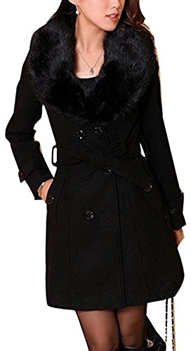 ClairSue Damen Wintermantel Wollmantel Mit Faux Pelz Kragen Parka Herbstjacke Elegant Zweireihiger Trenchcoat Lang Mantel Übergangsjacke Dufflecoat Outwear Mit Gürtel (DE 32, Schwarz)