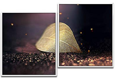 Paul Sinus Art Goldenes Blatt 130 x 90 cm (2 Bilder ca. 75x65cm) Leinwandbilder fertig im Schattenfugenrahmen WEISS Kunstdruck XXL modern