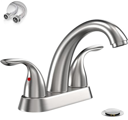 Phiestina Centerset 4 Inch Brushed Nickel 2 or 3 Holes Stainless Steel Bathroom Sink Faucet, 2 Handle Bathroom Faucet with Copper Pop Up Drain and Water Supply Lines, BF008-5-BN